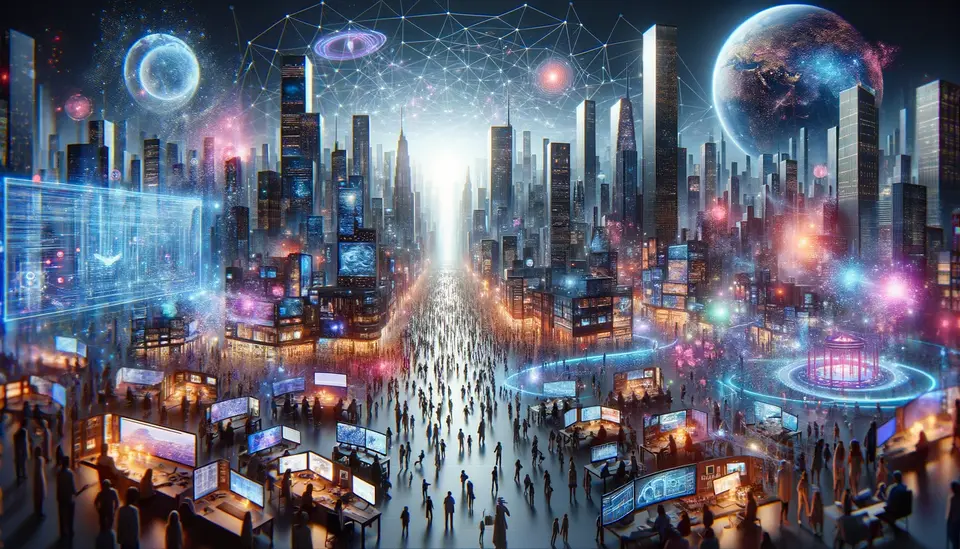 A wide depiction of the Metaverse as an expansive online realm where digital and physical realities converge effortlessly. The image showcases a variety of virtual environments, ranging from dynamic digital cities to tranquil augmented landscapes, emphasizing the vastness and interconnectedness of these spaces. Users are seen interacting within this immersive realm, utilizing elements of augmented reality, virtual reality, and digital enhancements. The scene conveys the essence of the Metaverse, highlighting its capacity to bridge users across physical boundaries and foster a rich tapestry of virtual shared experiences.