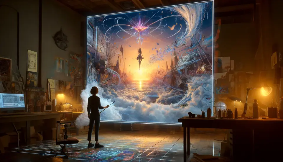 Digital artist immersed in a virtual studio, creating a mixed-reality artwork with Sora. The scene blends hyper-realistic and abstract elements on a digital canvas, projecting a surreal environment around the artist.