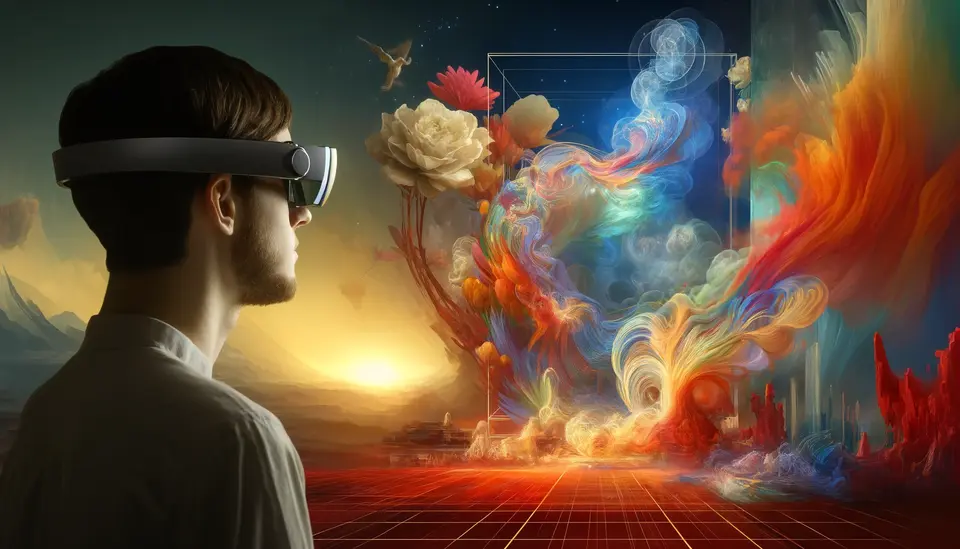 Artist wearing smart glasses engaged in creating dynamic video art through Sora in a VR landscape. The scene features vibrant colors and abstract shapes evolving on a digital canvas, symbolizing the fusion of AI and VR in revolutionary digital art.
