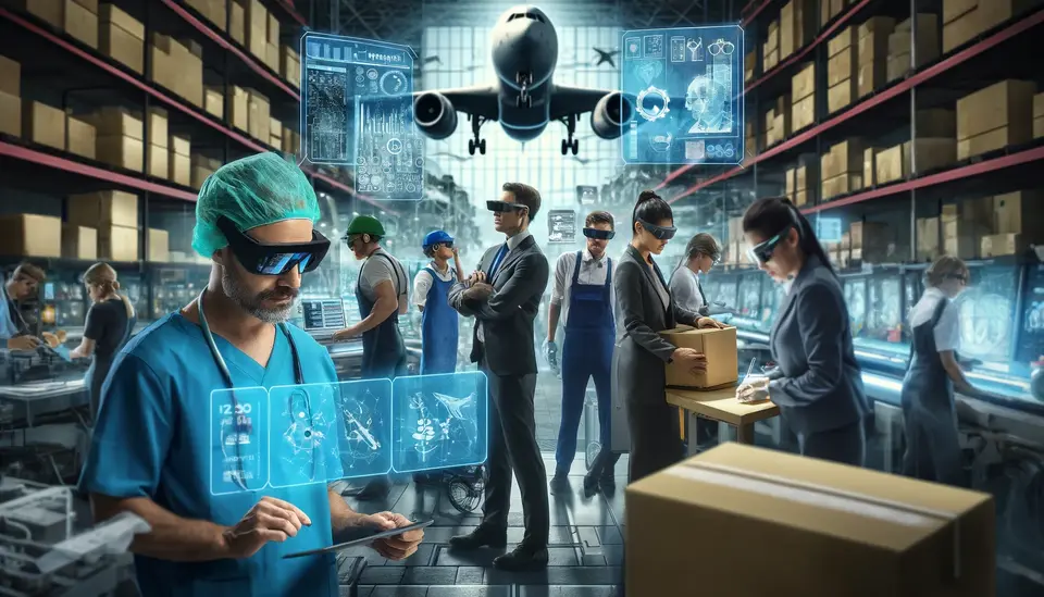 Image depicting various professionals utilizing smart glasses in their respective fields. It includes a surgeon viewing patient vitals in an OR, a technician examining wiring schematics in an airplane factory, a retail worker checking product details in a store, and a warehouse worker with package sorting instructions. Each person is shown with augmented reality displays from their smart glasses, in modern, technology-rich environments.