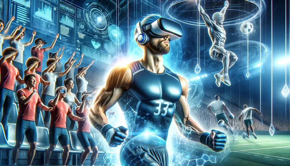 Featured image for a blog post titled 'Benefits of Virtual Reality for Sports', showing an athlete wearing virtual reality goggles and engaged in a virtual sports training session. Surrounding him, fans wearing VR headsets are shown enjoying the immersive experience. The futuristic setting includes digital elements like data streams and virtual crowds, highlighting the impact of VR on enhancing performance and entertainment in sports.