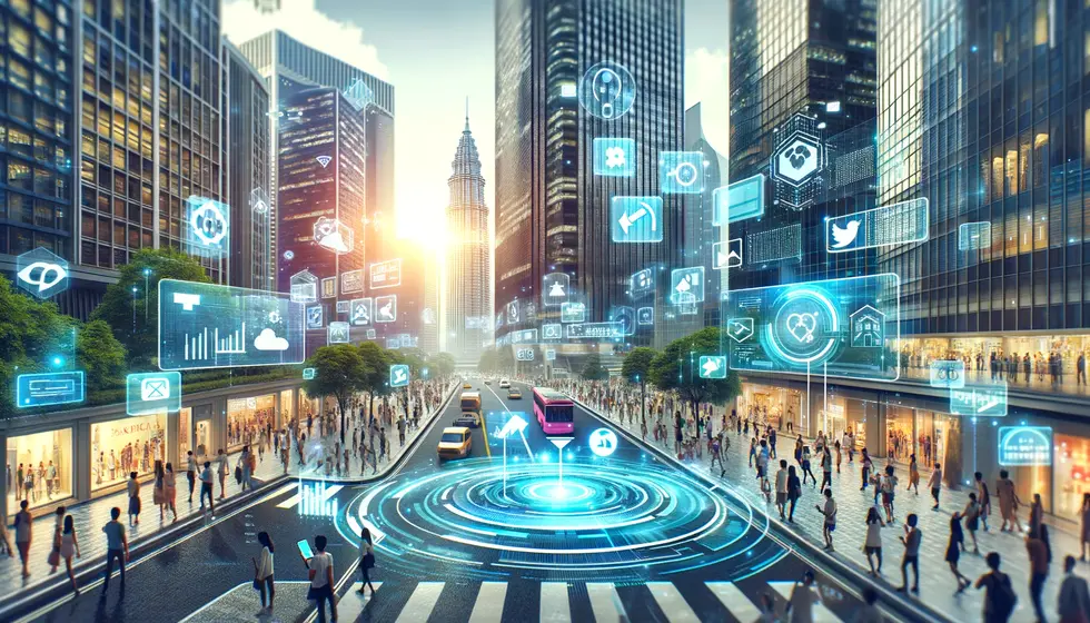 A bustling futuristic cityscape with augmented reality elements overlaying real buildings. Digital data like advertisements, directional arrows, and information pop-ups are seamlessly integrated into the real world. People use various AR devices such as smart glasses and mobile phones to interact with these elements. The atmosphere is vibrant and technologically advanced, showcasing a typical day in an AR-enhanced city.
