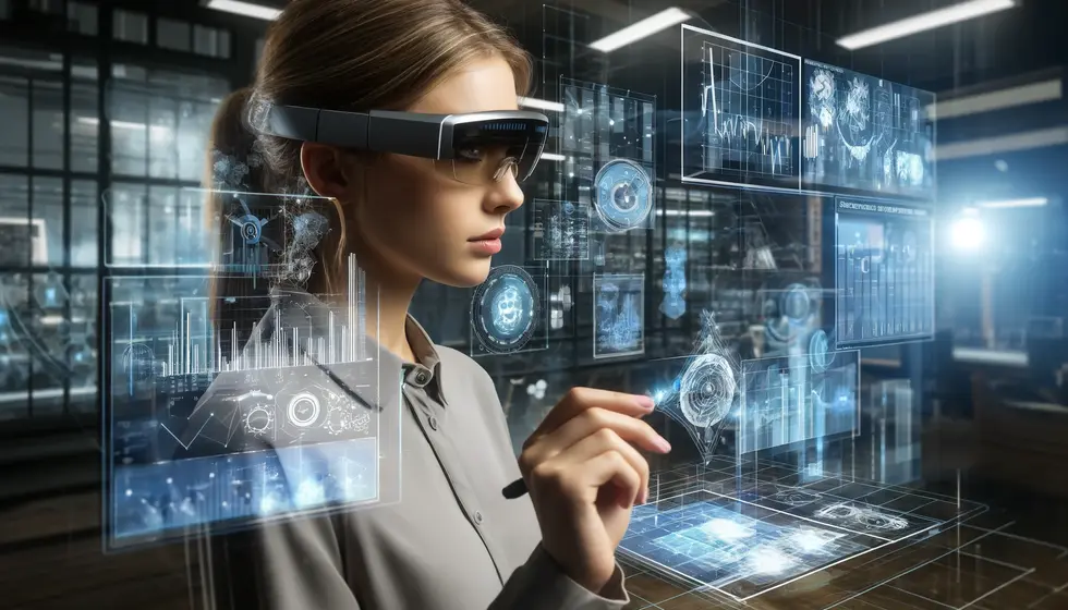 A young woman in a modern workspace wearing smart AR glasses, interacting with floating digital overlays of charts and 3D models. The background features a sleek, tech-oriented environment with visible high-tech gadgets and tools. The image captures a dynamic, futuristic feel, illustrating the technical challenges and seamless integration of augmented reality in daily life.