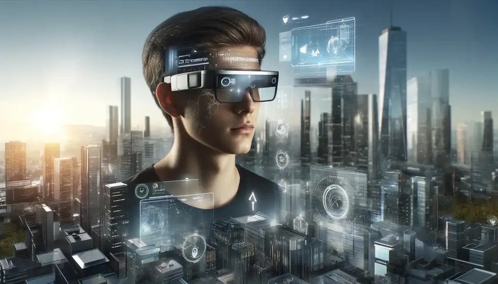 A person wearing sleek, futuristic smart glasses in an urban setting. The cityscape around them is enhanced with digital overlays displaying building names, navigation arrows, and social media notifications in real-time. The scene is set during the daytime with clear visibility and modern architecture in the background, emphasizing augmented reality's ability to merge digital information with the real world and enhance daily life.