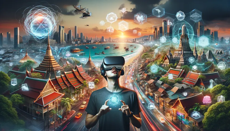 A conceptual image of a virtual reality (VR) tour in the metaverse showcasing Thailand's landscapes. The scene depicts a user wearing a VR headset, immersed in a virtual environment featuring the bustling streets of Bangkok and serene beaches of Phuket. The virtual reality simulation includes digital enhancements like floating icons and informational pop-ups, blending traditional Thai architecture with futuristic elements. The image should convey a sense of immersion and technological advancement, combining real-world Thai landmarks with virtual reality components.