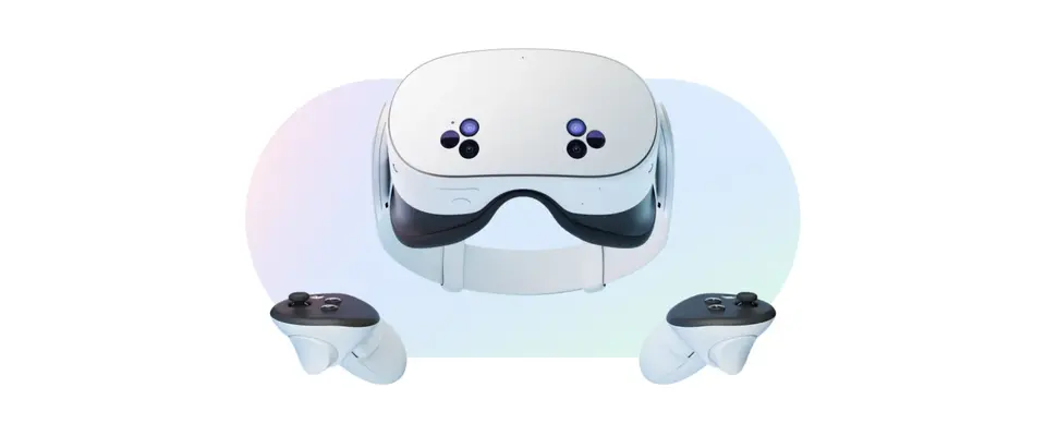 Meta Quest 3S headset with its two motion controllers, showcasing its sleek white design and ergonomic controls.